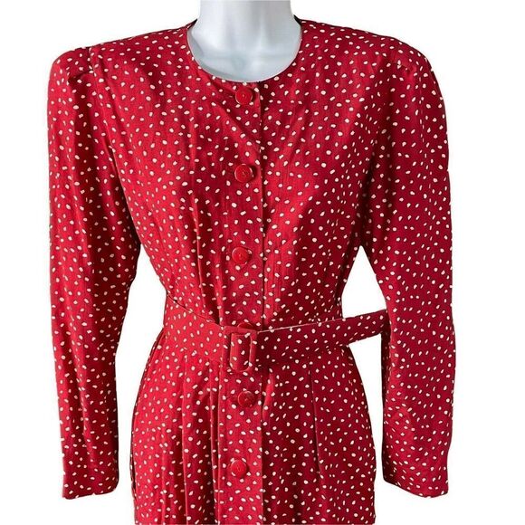 CHAUS Petite Vintage 80s Dress 4 Rayon Belt Pockets Red White Print Button Front - Picture 2 of 10